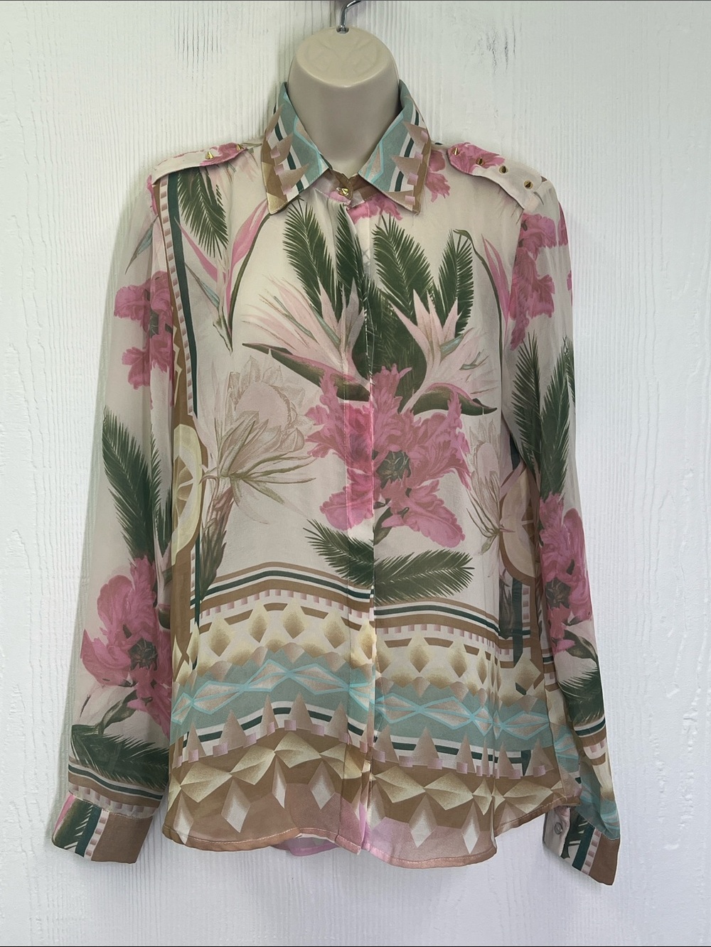 Farm Rio - Tropical Print Sheer Button Down Long Sleeve Blouse Size Medium